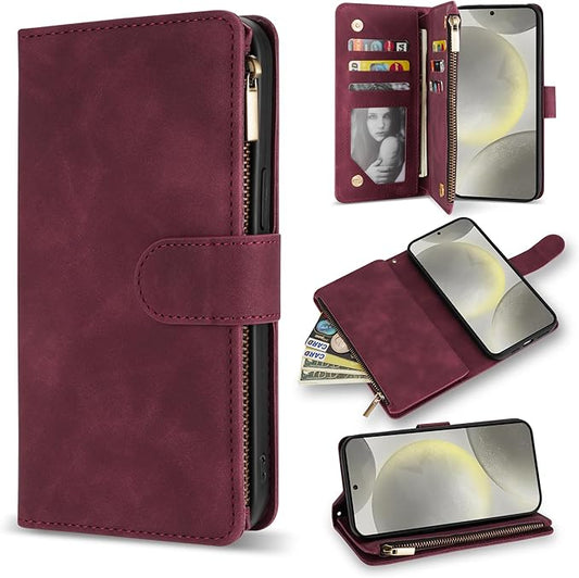 ZZXX for Samsung Galaxy S24 Wallet Case with RFID Blocking Card Slot PU Leather Zipper Flip Folio with Strap Kickstand Protective Cover for Samsung Galaxy S24 Case Wallet(Wine Red-6.2 inch)