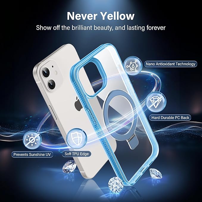 Magnetic Case for iPhone 12/12 Pro - [Built-in Invisible Stand] [Compatible with MagSafe] [Military Grade Drop Protection] Anti-Yellowing Hard Back Silicone Edge Cover, 6.1", Clear Blue