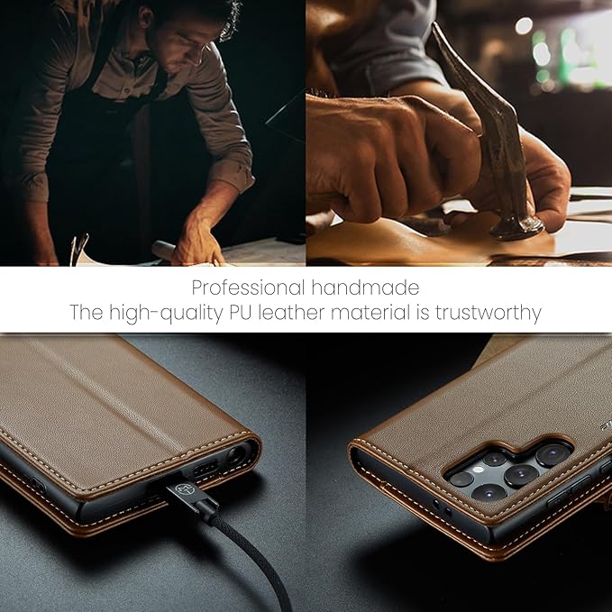 AUPAI for Samsung Galaxy S25 Ultra Wallet Case with Credit Card Holder, PU Leather RFID Blocking Folio Flip Kickstand Magnetic Clasp Protective Phone Cover for Women Men Brown