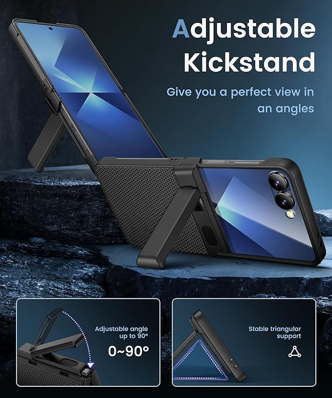 Vihibii for Samsung Galaxy Z Flip 7 Case with Kickstand & Rugged Hinge Protection & Outer Screen Protector & Non-Slip Texture, Shockproof Full Body Cover Case for Samsung Galaxy Z Flip 7 2025, Black