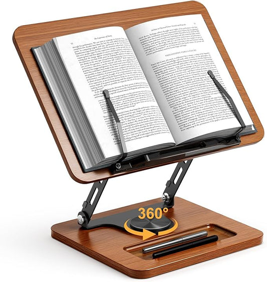 Book Stand for Reading, 360° Rotating Hands Free Book Holder, Adjustable Height and Angle, Page Clip for Cookbook, Recipe, Magazine, Laptop,Tablet, Foldable for Kitchen, Office, School
