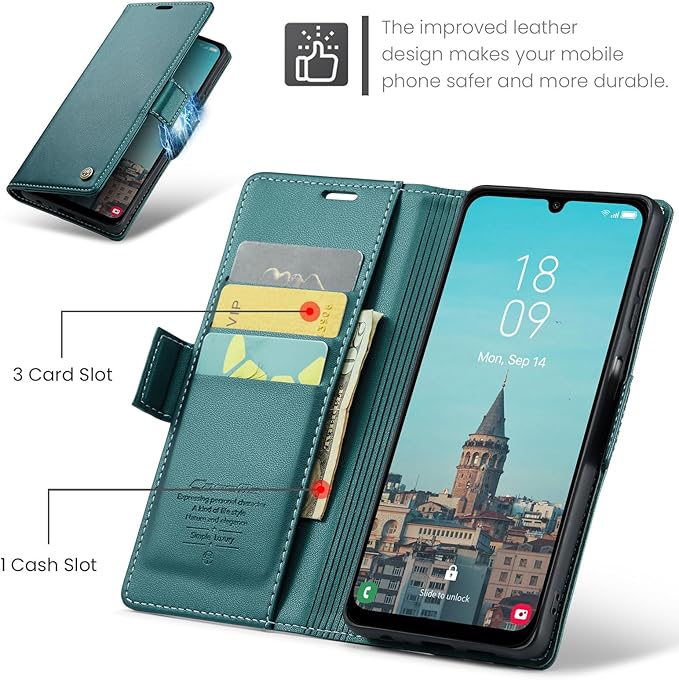 for Samsung Galaxy A25 5G Case, Premium PU Leather Wallet Case Flip Cover with [RFID Blocking][Card Holder][Stand Function] Shockproof Protective for Samsung Galaxy A25, Blue-Green