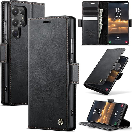 Wallet Case for Samsung Galaxy S25 Ultra Leather Wallet Flip Cover with Card Holder, Kickstand, Magnetic Closure, RFID Blocking TPU Shockproof Phone Case Compatible with S25 Ultra, Black