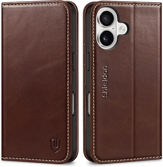 SHIELDON Case for iPhone 16 5G, Genuine Leather Foldable Wallet Magnetic Cover Kickstand RFID Blocking Credit Card Holder Shockproof Phone Case Compatible with iPhone 16 6.1" 2024 - Retro Coffee