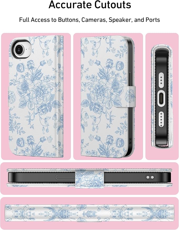 DEENAKIN for iPhone 16e Wallet Case with Card Holder + Cash Clip, RFID-Blocking, Military-Grade Drop Protection, Magnetic Closure with Leather Kickstand - Blue Floral Design
