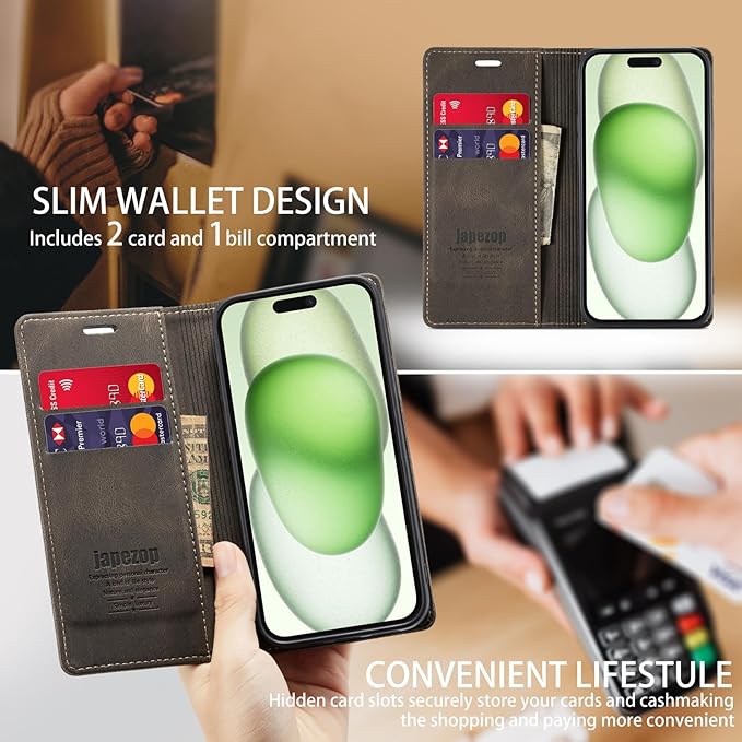 japezop iPhone 15 Plus 5G Wallet Case with RFID Blocking, Card Holder Kickstand Magnetic Leather Flip Case Wallet for iPhone 15 Plus 5G 6.7 Inch(Coffee)