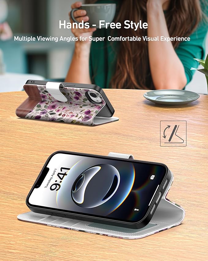 DEENAKIN for iPhone 16e Wallet Case with Card Holder + Cash Clip, RFID-Blocking, Military-Grade Drop Protection, Magnetic Closure with Leather Kickstand - Floral Wallpaper