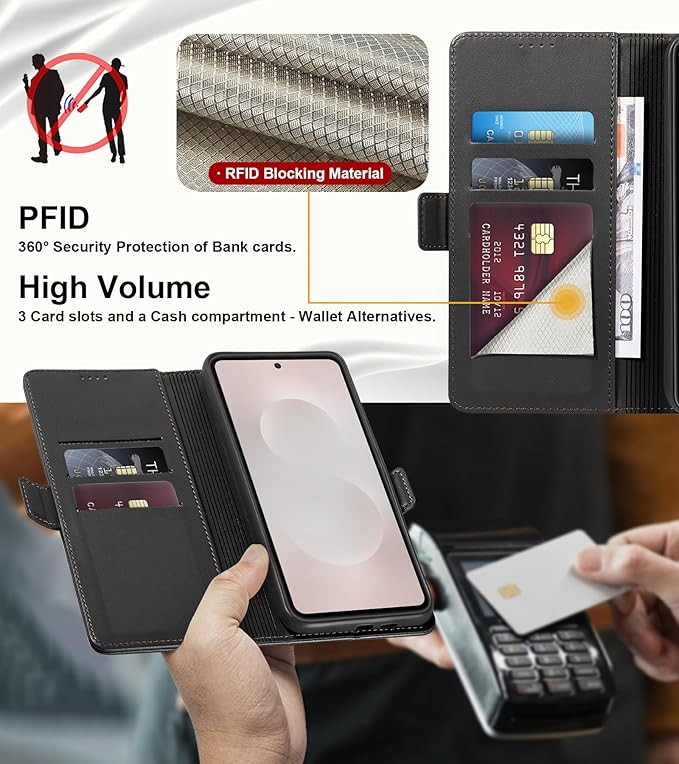 Wallet Flip Case for Samsung Galaxy S25 Edge 5G - [RFID Blocking] Luxury PU Leather Card Holder Magnetic Phone Cover with Kickstand,Shockproof Protective Case,Black