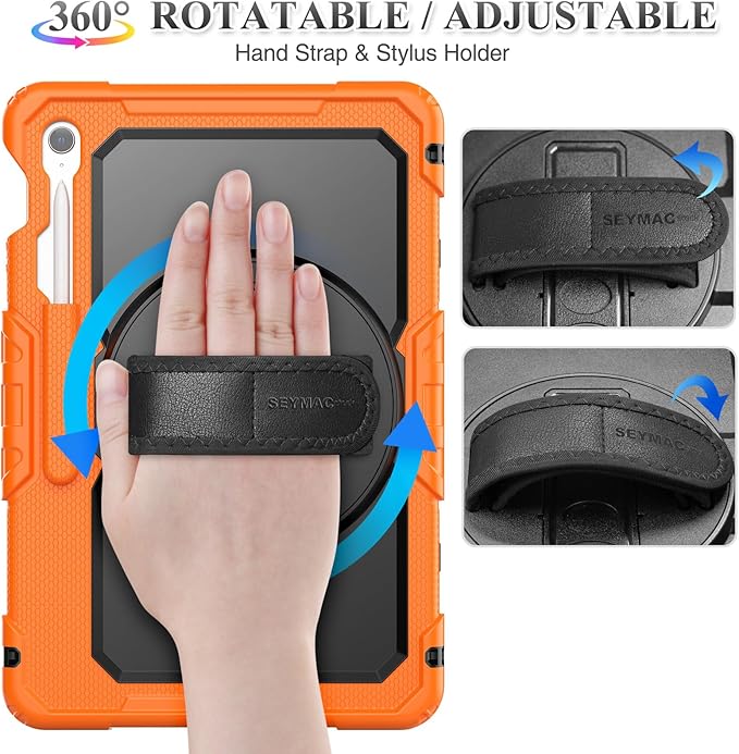 SEYMAC stock Case for Samsung Galaxy Tab S10 FE+ Plus 5G Tablet Case 13.1'' Protective with Screen Protector, Pencil Holder, 360 Rotating Stand, Hand Strap, Shoulder Strap, Black+Orange