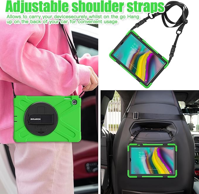 BRAECNstock for Samsung Galaxy Tab S5e Case 10.5 inch 2019 (SM-T720/T725/T727) Shockproof Protective Galaxy Tab S5e Kids Cover with Screen Protector Rotating Stand & Hand Strap Pencil Holder - Green