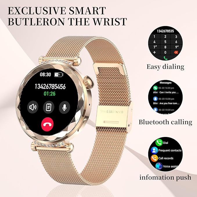 Smart Watch for Women, Fitness Tracker for Android/iOS, 1.19" AMOLED Screen Smartwatches with Female Cycle, Heart Rate, Sleep Monitor, Activity Tracking (2 Watch Bands) (Gold)