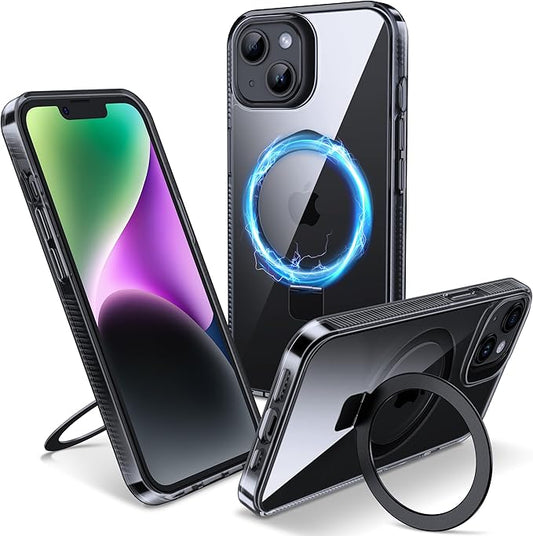 Magnetic Case for iPhone 13/14 - [Built-in Invisible Stand] [Compatible with MagSafe] [Military Grade Drop Protection] Anti-Yellowing Hard Back Silicone Edge Cover, 6.1", Clear Black