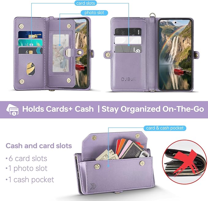 DJBull for Samsung Galaxy S25 Wallet Case with Card Holder, Shoulder and Wristlet Straps, Soft PU Leather, Magnetic Snap, Flip Phone Case for Women Men for Samsung S25 Light Purple