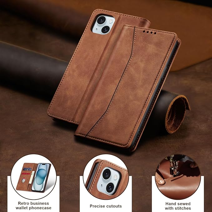 Jasonyu Flip Wallet Case for iPhone 15,Leather Magnetic Folio Cover with Card Holder,Kickstand - TPU Shockproof Durable Protective Phone Case,Brown