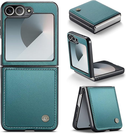 for Samsung Galaxy Z Flip 6 Case, Premium PU Leather Case Anti Scratch Slim Phone Shockproof Protective Phone Cover for Samsung Galaxy Z Flip6, Blue-Green