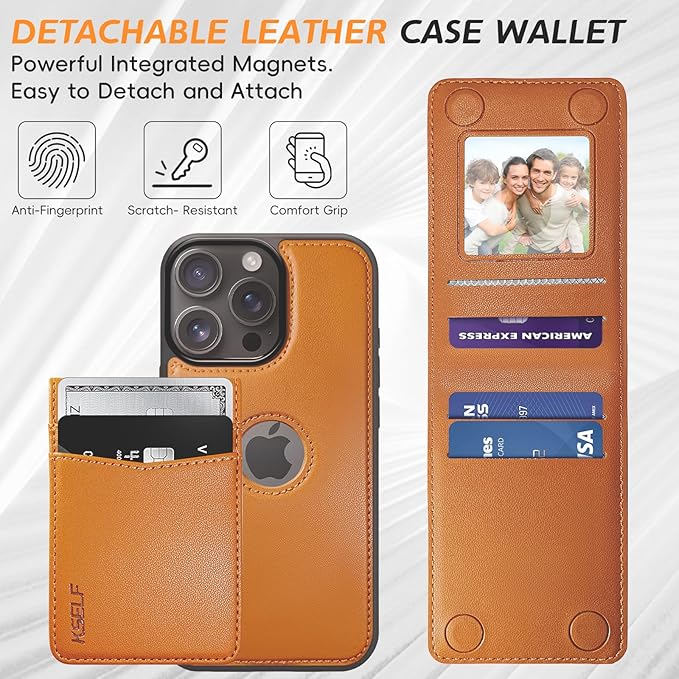 for iPhone 16 Pro Max Leather Wallet Case, Compatible with Magsafe, 2 in 1 Detachable Magnetic Card Holder, RFID Blocking Kickstand Credit Slots Flip Case for Men Women, Brown