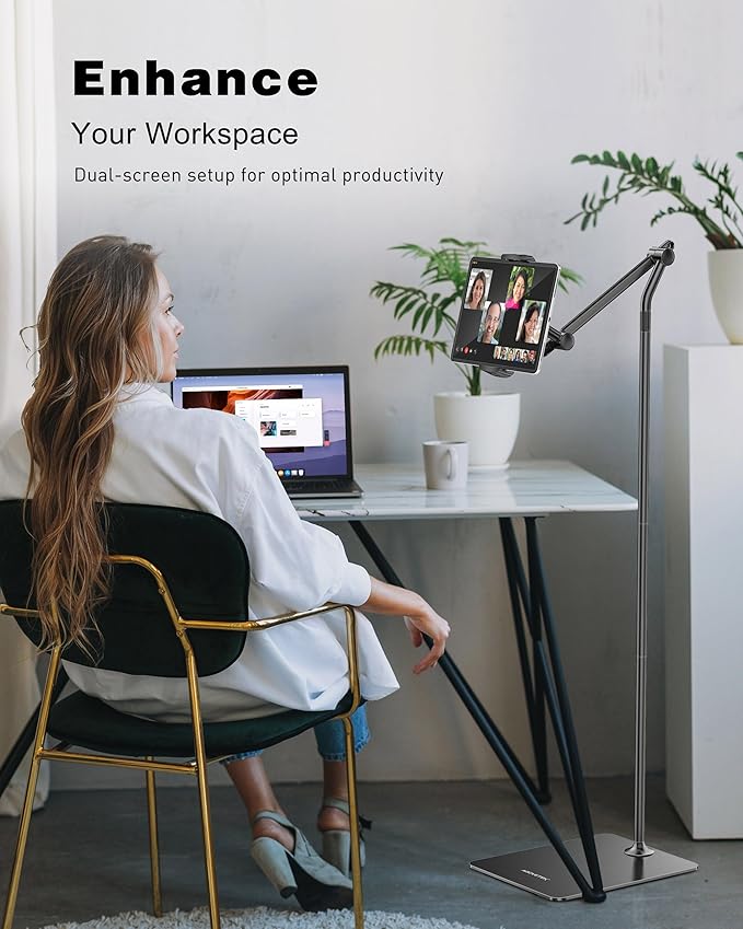 AboveTEK Tablet Floor Stand,Stylish Adjustable Height iPad Floor Stand with Stable Base,Aluminum 360° Rotation Holder for Sofa Bed,Fits 4.7-13.5"iPad Pro 12.9/Air/Mini,Galaxy Tab,iPhone,Kindle(Black)