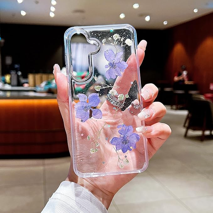 Compatible with Samsung Galaxy S24 Plus Case Cute Pressed Dried Real Flowers Design Women Girly Shockproof Hard PC+ TPU Bumper Floral Phone Cover for Galaxy S24+ Plus (Light Purple)