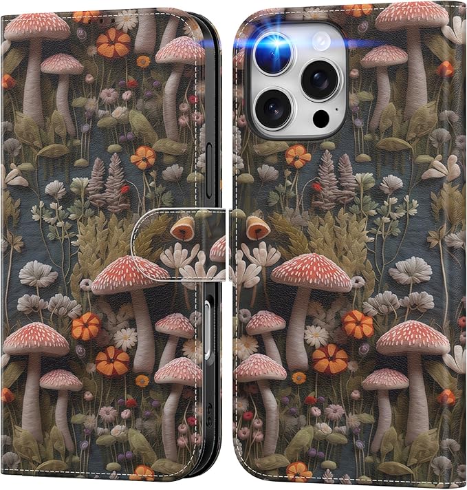 DEENAKIN for iPhone 16 Pro Wallet Case with Card Holder + Cash Clip, RFID-Blocking, Military-Grade Drop Protection, Magnetic Closure with Leather Kickstand - Mushroom Floral