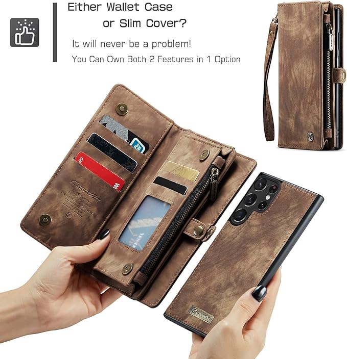 SZHAIYU 2 in 1 Detachable for Samsung Galaxy S23 Ultra Wallet Case with Card Holder, Retro Premium Flip Leather Cover Magnetic Zipper Pocket Phone Cases 6.8'' (Coffee,S23 Ultra)
