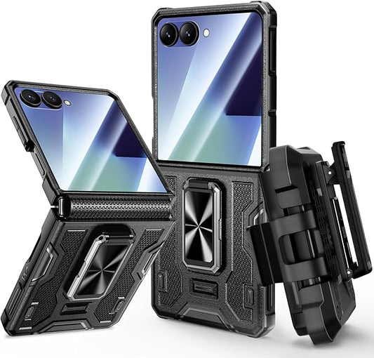 VEGO for Galaxy Z Flip 7 Case, 360° Rotatable Ring Kickstand & Belt Clip Holster & Tempered Glass Camera Screen Protector & Hinge Protection, Shockproof Case for Samsung Flip 7 5G - Black