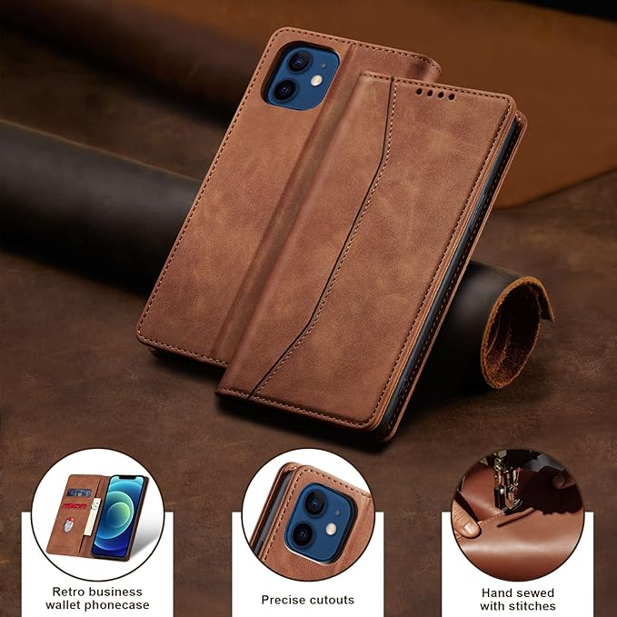 Jasonyu Flip Wallet Case for iPhone 12/12 Pro,Leather Magnetic Folio Cover with Card Holder,Kickstand - TPU Shockproof Durable Protective Phone Case,Brown