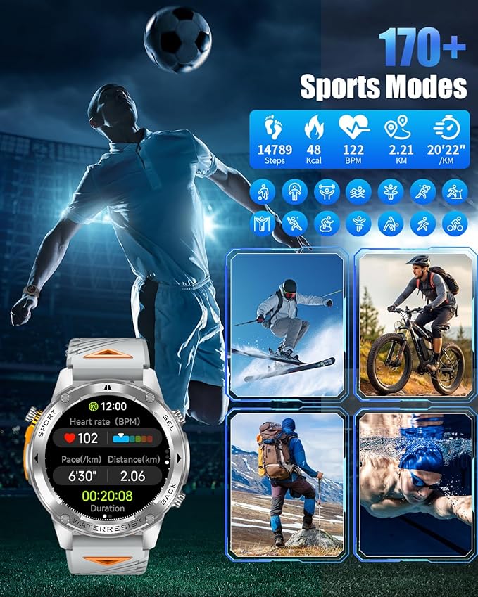 Military Smart Watch for Men with GPS, 1.43" AMOLED Smart Watch with Bluetooth Call, 5ATM Waterproof, 170+ Sports Modes, 500mAh Heart Rate/Sleep/SpO2 Monitor, Fitness Tracker for Android iOS