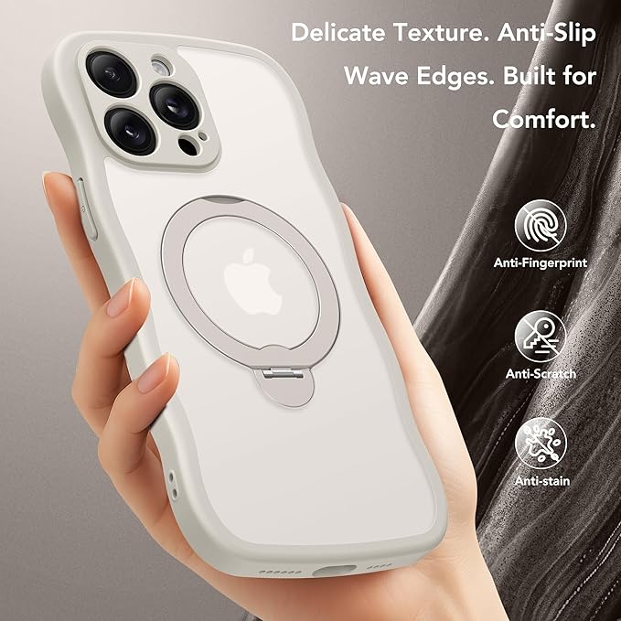 GolbinBox for iPhone 15 Pro Case,[Compatible with Magsafe][360°Magnetic Stand][Cute Wave Edge][18ft Military-Grade Protection] Translucent Matte Phone Women Case for iPhone 15 Pro,Stone