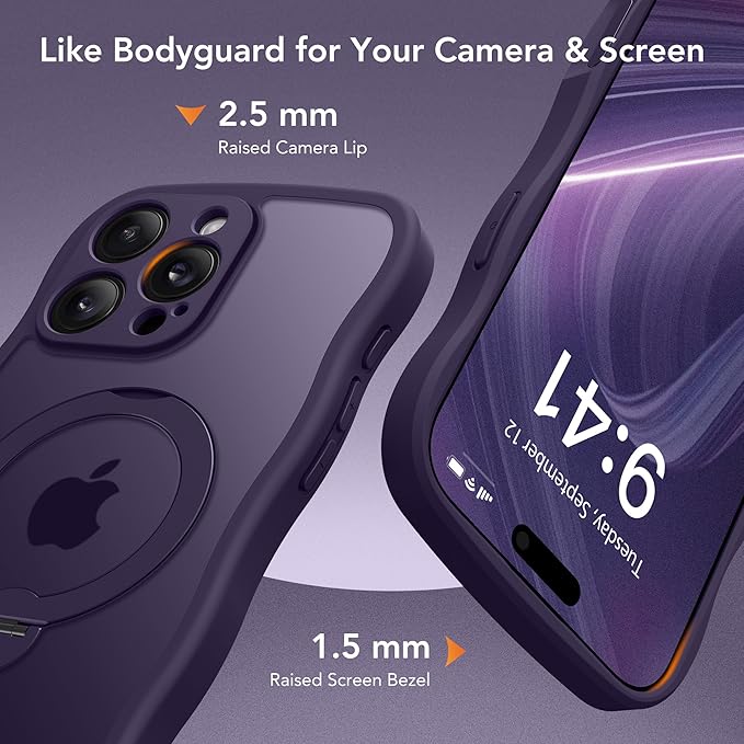 for iPhone 16 Pro Max Case for Women,[Compatible with Magsafe][360° Spin Magnetic Stand][Cute Wave Edge][Military-Grade Protection]Translucent Matte Phone Case for iPhone 16 ProMax, Dark Purple