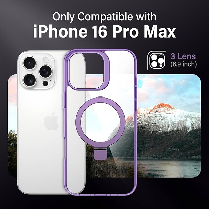 Magnetic Case for iPhone 16 Pro Max - [Built-in Invisible Stand] [Compatible with MagSafe] [Military Grade Drop Protection] Anti-Yellowing Hard Back Silicone Edge Cover, 6.9", Clear Purple