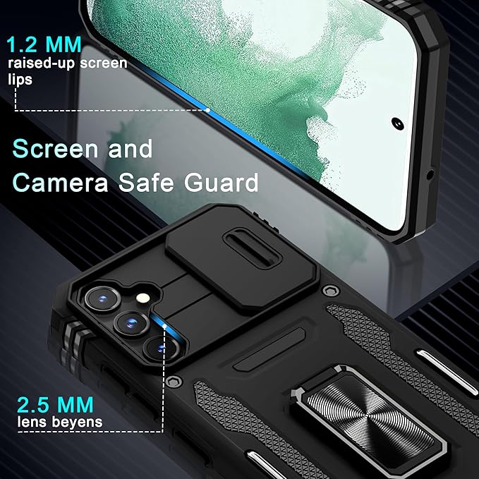 DEERLAMN Case for Samsung Galaxy S23 FE 6.4-Inch with Slide Camera Cover+Screen Protector(1 Pack),Rotated Ring Kickstand Military Grade Shockproof Protective Cover-Black