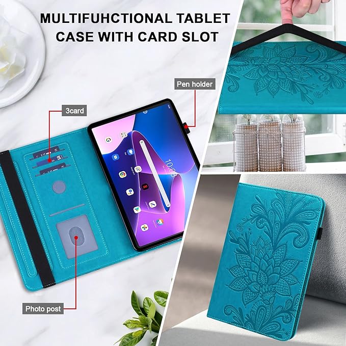 Case for Lenovo Tab M10 Plus 3rd Gen 10.6 Inch 2022 (TB125FU/128FU), Embossed Lace PU Leather Flip Folio Tablet Case with Elastic Band & Card Slots/Holder, Multi-Angle Viewing Stand Cover, Blue