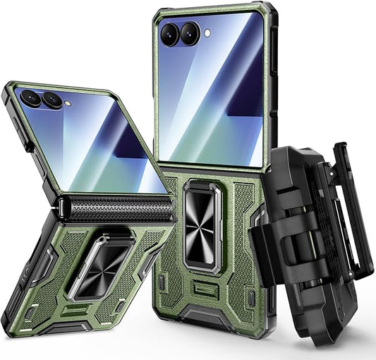 VEGO for Z Flip 7 Case with Hinge Protection, 360° Rotatable Ring Kickstand & Built-in Screen Protector & Belt Clip Holster, Shockproof Cover for Samsung Galaxy Z Flip 7 - Dark Green