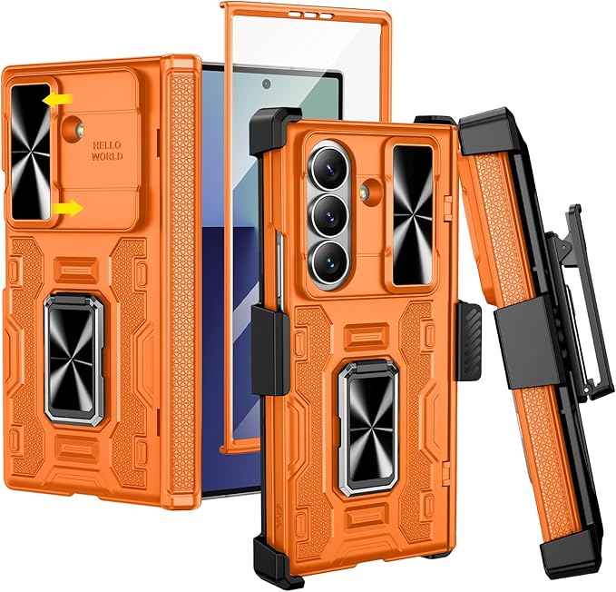 VEGO for Galaxy Z Fold 7 Case with Stand, 360°Ring Magnetic Kickstand & Hinge Protection & Front Screen Protector & Camera Cover & Belt Clip Holster Case for Samsung Galaxy Z Fold 7 5G - Orange