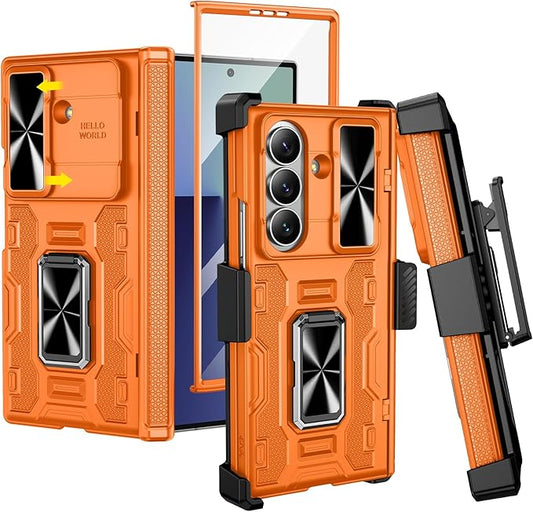 VEGO for Galaxy Z Fold 7 Case with Stand, 360°Ring Magnetic Kickstand & Hinge Protection & Front Screen Protector & Camera Cover & Belt Clip Holster Case for Samsung Galaxy Z Fold 7 5G - Orange