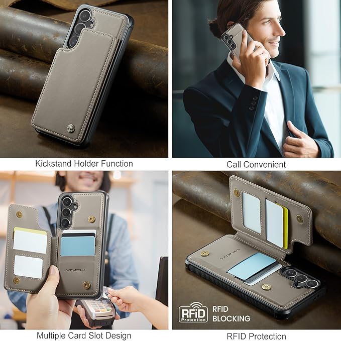 Vinich for Samsung Galaxy S24 FE Wallet Case with Card Holder, RFID Blocking Credit Slots Kickstand Shockproof Phone Cover for Women Men, Gray