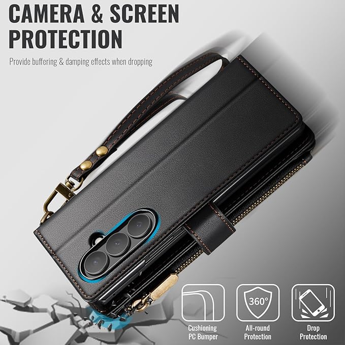 Vinich for Samsung Galaxy Z Fold 7 Wallet Case with Card Holder, Detachable Strap RFID Blocking Credit Slots Kickstand Shockproof Phone Cover for Women Men, Black