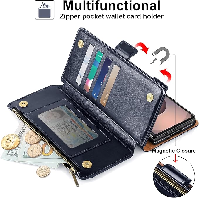 Antsturdy Compatible with Samsung Galaxy Z Fold7 Case Wallet with Card Holder,Z Fold 7 5G Phone Case with Strap Shockproof PU Leather RFID Blocking Flip Cover Credit Card Slots Women Men,Dark Blue