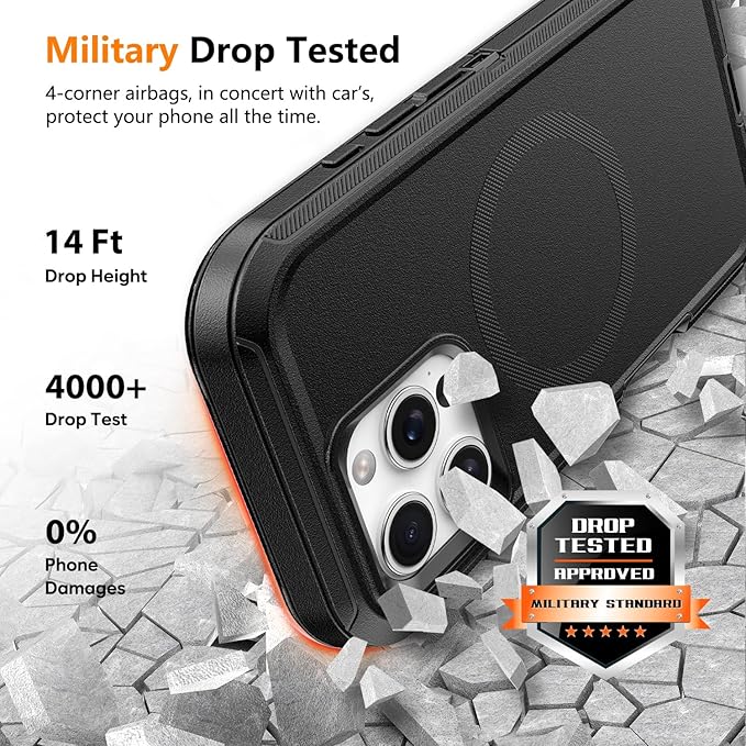 for iPhone 16 Pro Case with Belt Clip Holster, Anti-Shock, Anti-Slip, Compatible with MagSafe, 3-Layer Drop Protection, Heavy Duty Magnetic Phone Case Cover for 16 Pro, 6.3", Black