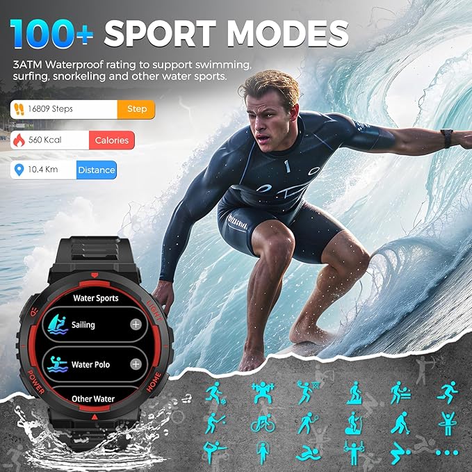 Military Smart Watch for Men(Answer/Make Call), Rugged Smartwatch with LED Flashlight/3ATM Waterproof/400mAh Battery/100+ Sports Modes/Heart Rate/Sleep Monitor, Fitness Tracker for iOS Android