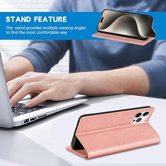 ZZXX for iPhone 15 Pro Max Wallet Case with [RFID Blocking] Card Slot Stand Strong Magnetic Leather Flip Fold Protective Phone Case for iPhone 15 Pro Max Case Wallet(Rose Gold-6.7 inch)