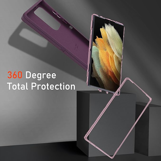for Samsung Galaxy S22 Ultra Case, with [2 Pack] HD Screen Protector, [Military-Grade] Shockproof Dust/Drop Proof 3-Layer Full Body Protection Heavy Duty Case for Galaxy S22 Ultra, Deep Purple