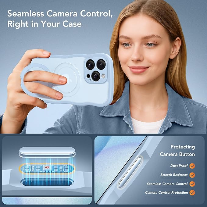 GolbinBox for iPhone 16 Pro Case for Women,[Compatible with Magsafe][360° Spin Magnetic Stand][Cute Wave Edge][Military-Grade Protection] Translucent Matte Phone Case for iPhone 16 Pro, Baby Blue