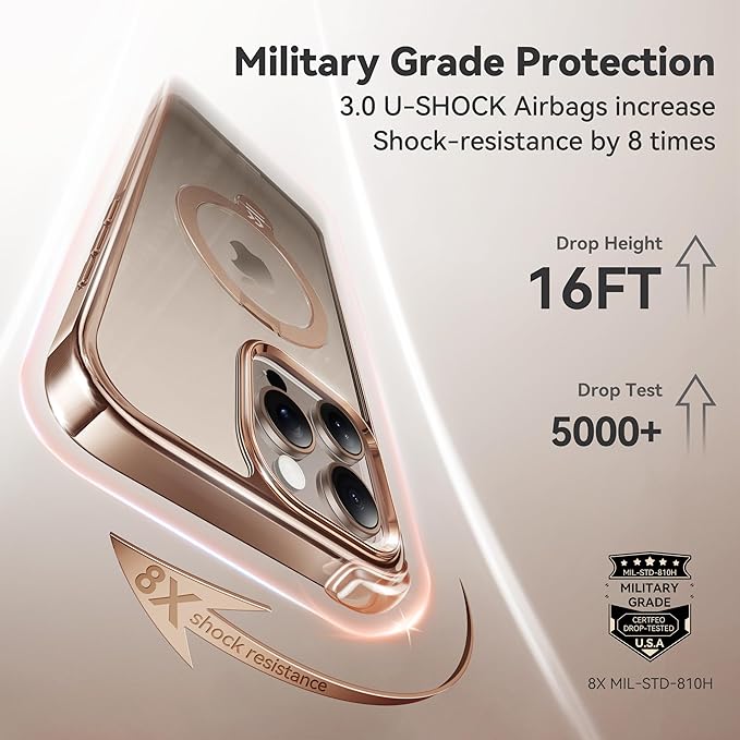 CASEKOO 360 Spin Magnetic Stand Desert Titanium for iPhone 16 Pro Max Case [Compatible with Magsafe][16FT Military Protection] Slim Polished for iPhone 16 ProMax Case with Stand 6.9'', Rose Gold