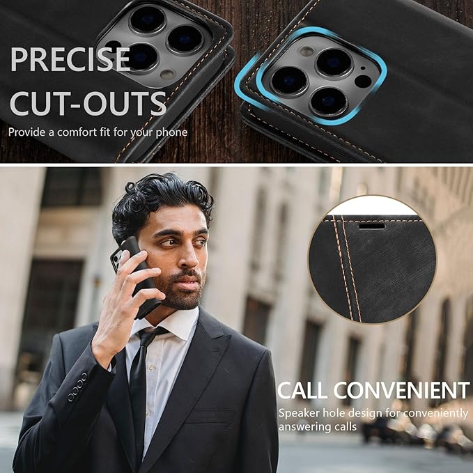 QLTYPRI for iPhone 16 Pro Case Wallet with Card Holder, Vintage PU Leather Kickstand Magnetic Closure Shockproof Folio Book Cover Case for iPhone 16 Pro - Retro Black