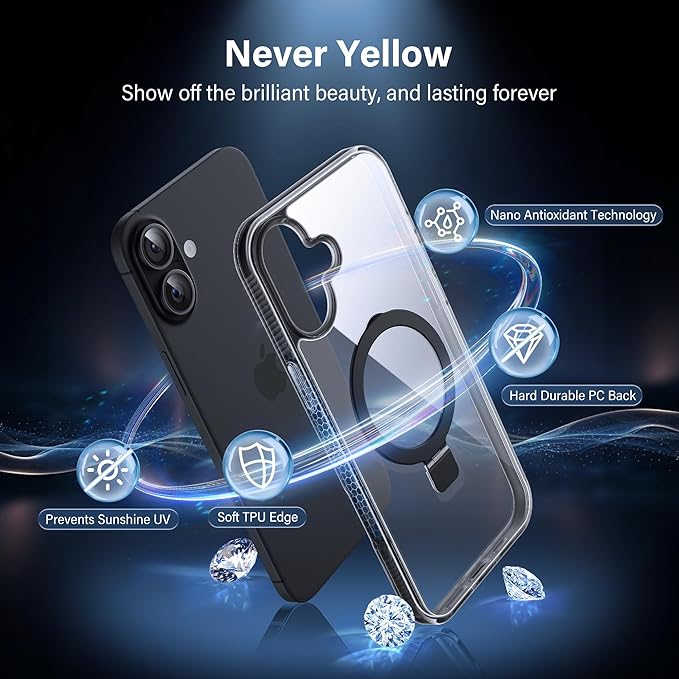 Magnetic Case for iPhone 16 - [Built-in Invisible Stand] [Compatible with MagSafe] [Military Grade Drop Protection] Anti-Yellowing Hard Back Silicone Edge Cover, 6.1", Clear Black