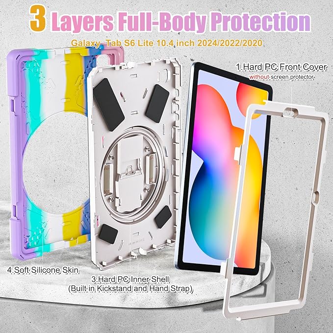 BRAECNstock Kids Case for Samsung Galaxy Tab S6 Lite 10.4 inch 2024/2022/2020 (SM-P620/P610/P619) with Pen Holder Rotating Hand Strap & Stand Shockproof Protective S6 Lite Tablet Case - Colorful Pink