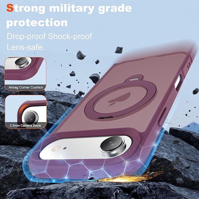 Compatible with iPhone 17 Air Case with Invisible Magnetic 360°Spin Stand,Military-Grade Shockproof Protection [Compatible with Mag-Safe] Non-Slip Edge Translucent Case (6.5",Wine Red)