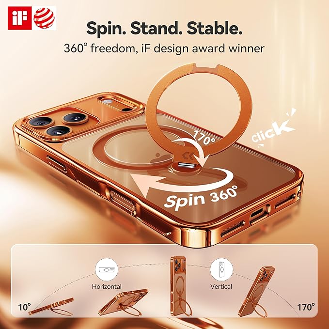 CASEKOO Cosmic Orange Designed for iPhone 17 Pro Case with 360 Spin Magnetic Stand [Fit for MagSafe][17FT Military Protection] Slim Polished for iPhone 17 Pro Case with Stand 6.3'', Cosmic Orange