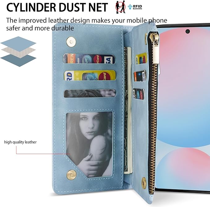 ZZXX for Samsung Galaxy S24 FE Wallet Case with RFID Blocking Card Slot PU Leather Zipper Flip Folio with Strap Kickstand Protective Cover for Galaxy S24 FE Case Wallet(Light Blue-6.7 inch)